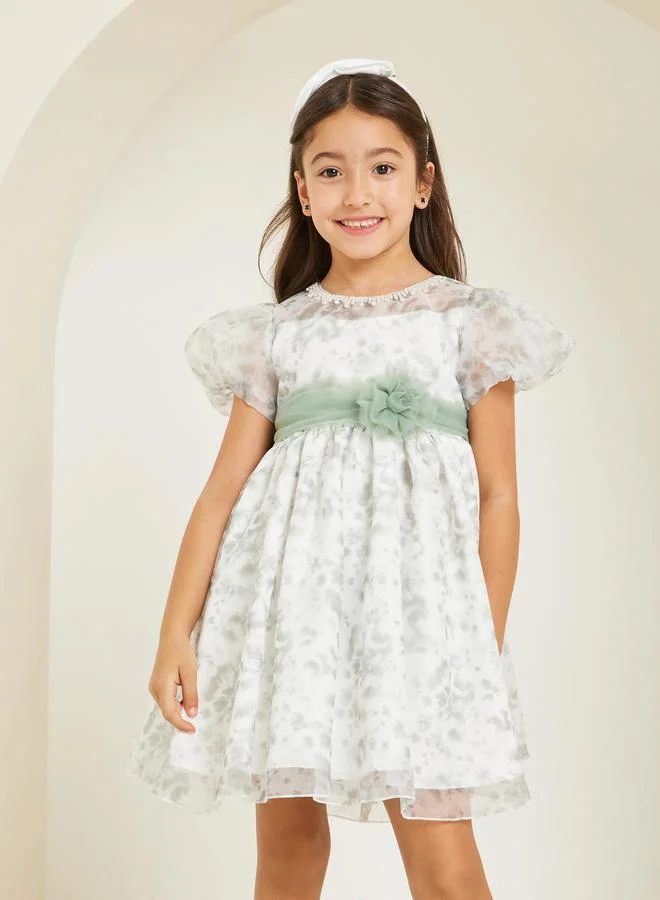 Styli Girls Floral Printed Organza Puff Sleeve Dress