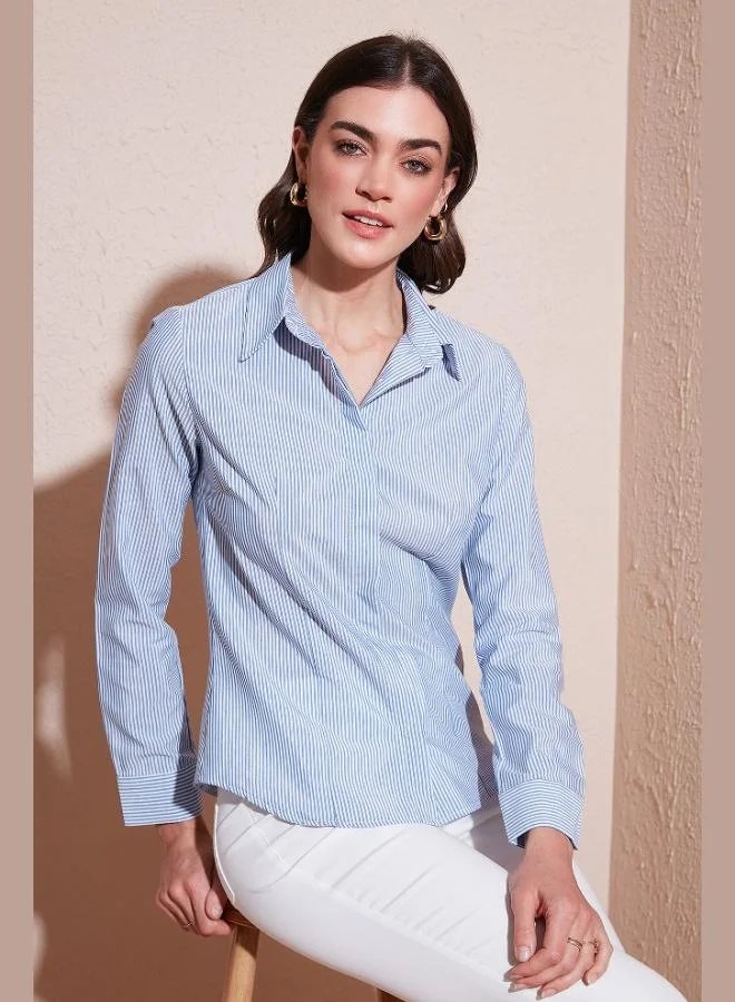 ليلا قميص نسائي قطني بقصة ضيقة وياقة كلاسيكية