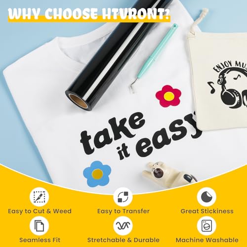 HTVRONT Black HTV Heat Transfer Vinyl Rolls - 12" x 20ft Black Iron on Vinyl for Shirts, Iron on for All Cutting Machines - Easy to Cut & Weed for Craft Heat Vinyl Design - Image 3