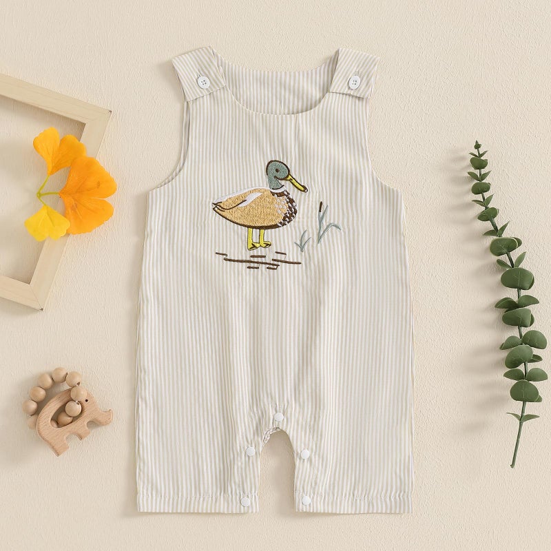 Amnnchya Newborn Baby Boy Girl Clothes Stripes Sleeveless Romper Infant Embroidery Bodysuit Cute Summer Spring Outfit (Apricot Duck Outfit, 6-12 Months) - Image 2