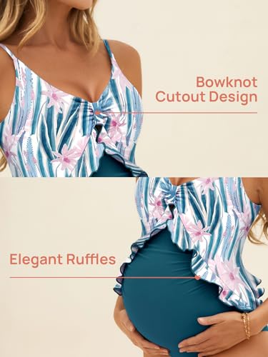 Summer Mae Maternity Swimsuit One Piece Ruffle Cutout Pregnancy Bathing Suit Lace Up Swimwear Cactus Large - Image 4