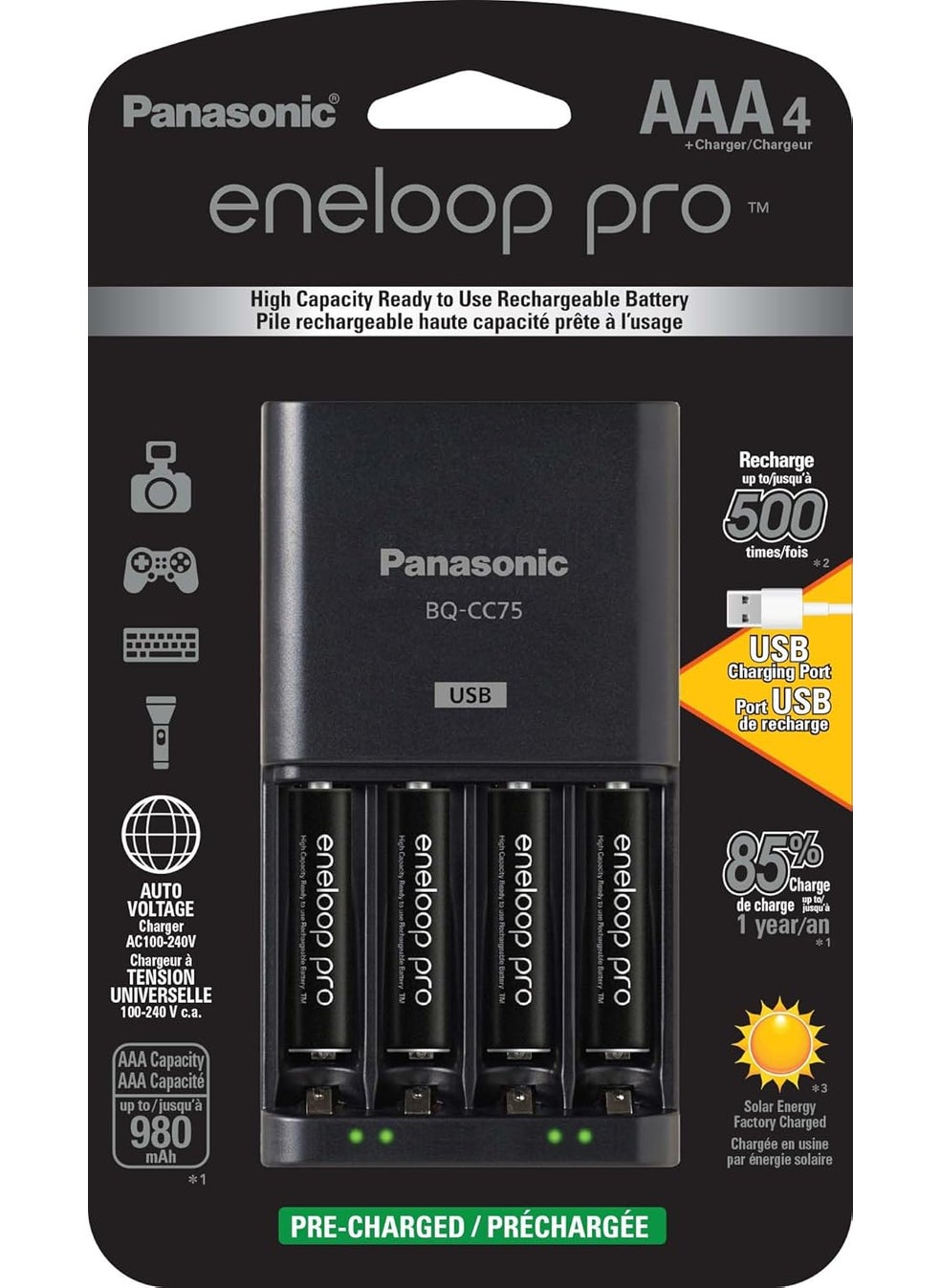 eneloop Panasonic KKJ75K3A4BA Advanced Battery Charger with USB Charging Port and 4AAA eneloop pro High Capacity Rechargeable Batteries  - Image 1