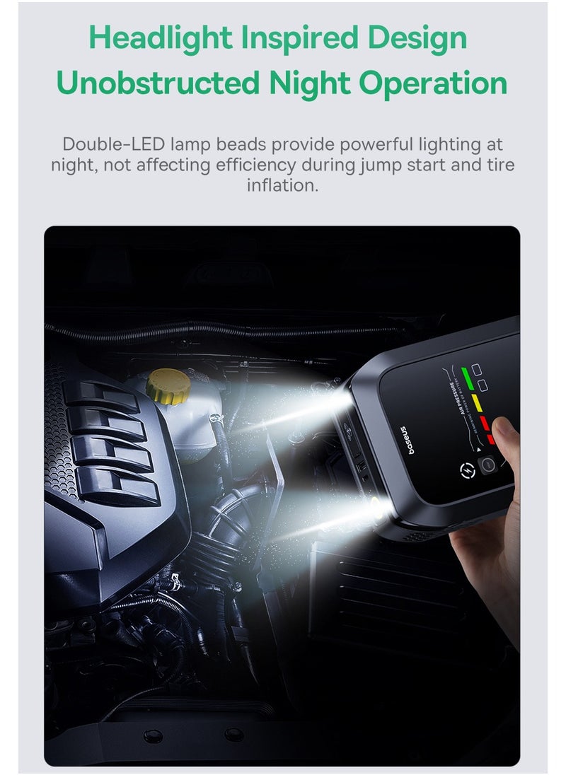 Baseus - 4 in 1 Portable Car Battery Jump Starter, 1200A Max Car Battery Booster and Charger, Tire Inflator (150 PSI Air Compressor), 2 Fast USB Charging Ports, LED Flashlight with SOS Signal, Smart Protection with 12 Features, LED Digital Display, Cold Resistant Lithium Battery, Fire Resistant Design, Compact for Cars, SUVs and Motorcycles - Image 1