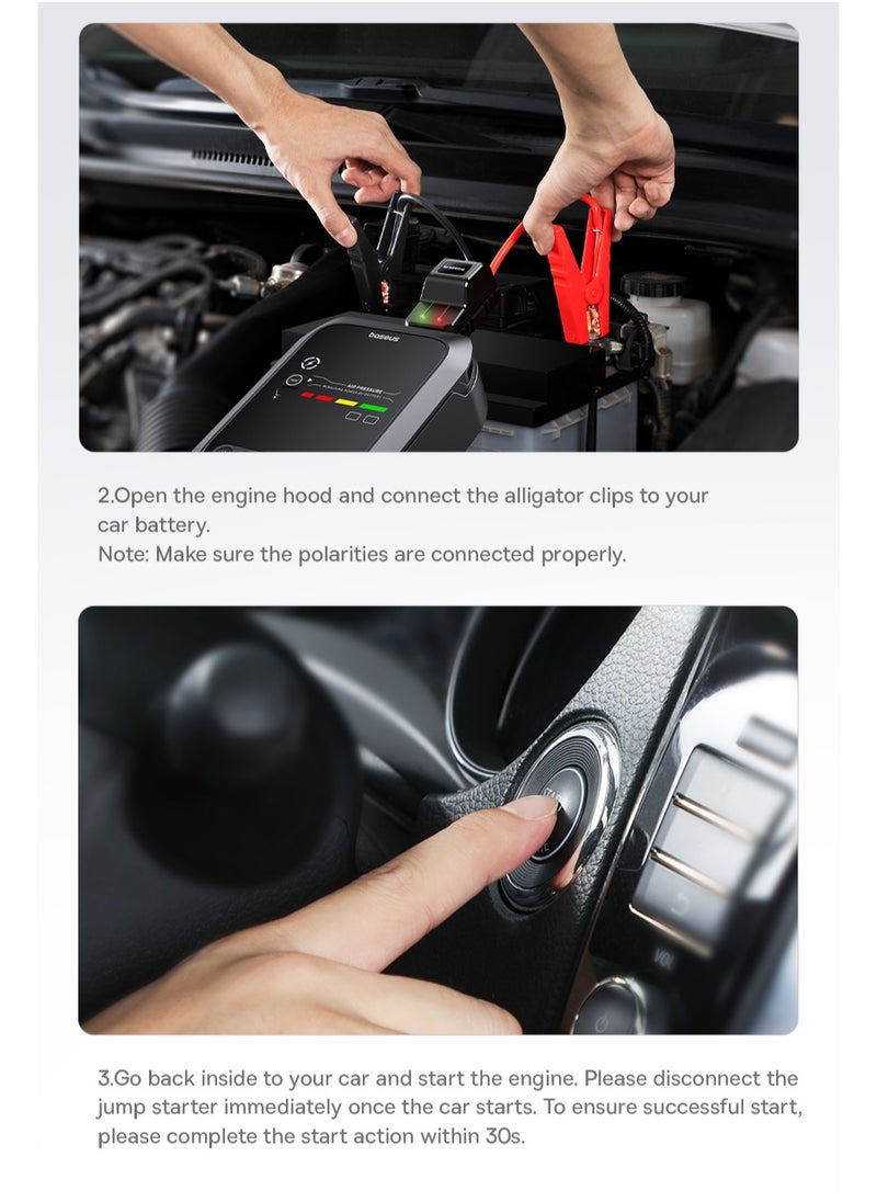 Baseus - 4 in 1 Portable Car Battery Jump Starter, 1200A Max Car Battery Booster and Charger, Tire Inflator (150 PSI Air Compressor), 2 Fast USB Charging Ports, LED Flashlight with SOS Signal, Smart Protection with 12 Features, LED Digital Display, Cold Resistant Lithium Battery, Fire Resistant Design, Compact for Cars, SUVs and Motorcycles - Image 1