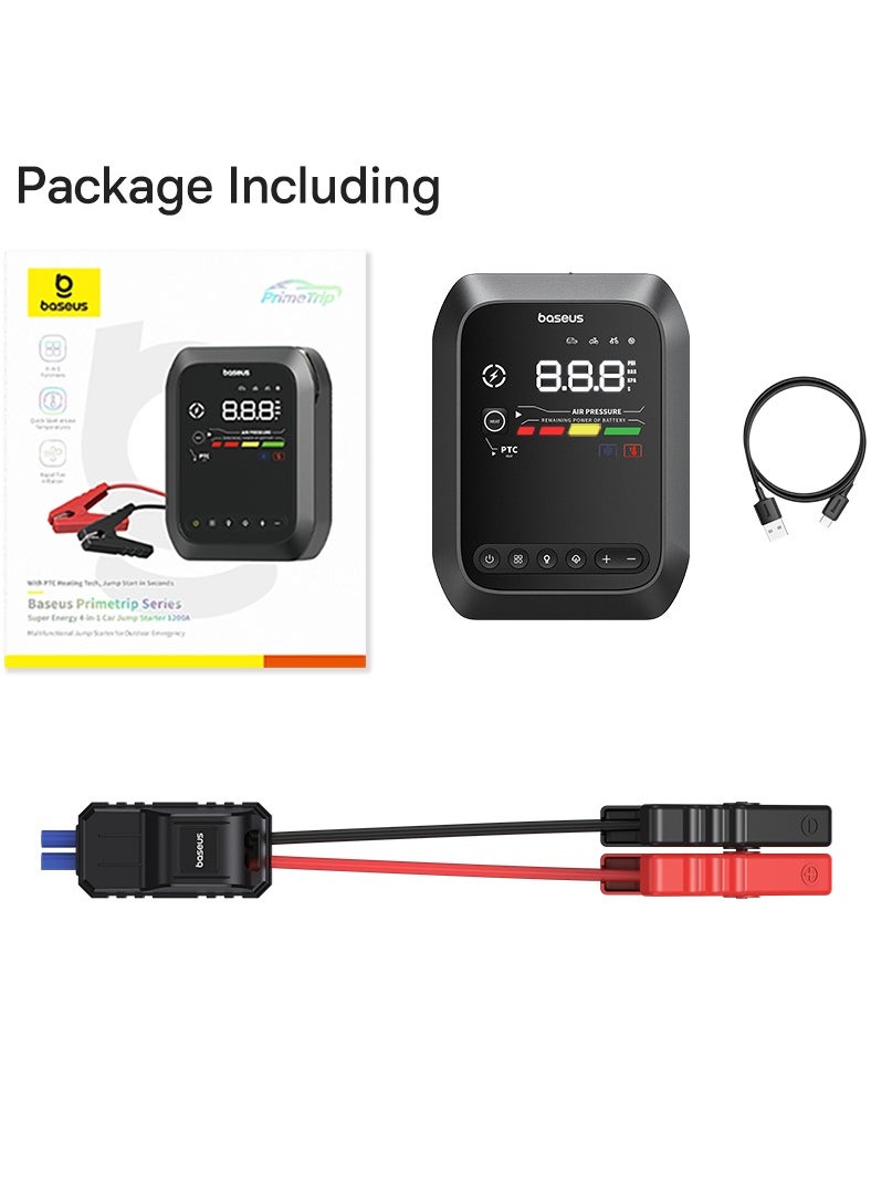 Baseus - 4 in 1 Portable Car Battery Jump Starter, 1200A Max Car Battery Booster and Charger, Tire Inflator (150 PSI Air Compressor), 2 Fast USB Charging Ports, LED Flashlight with SOS Signal, Smart Protection with 12 Features, LED Digital Display, Cold Resistant Lithium Battery, Fire Resistant Design, Compact for Cars, SUVs and Motorcycles - Image 1