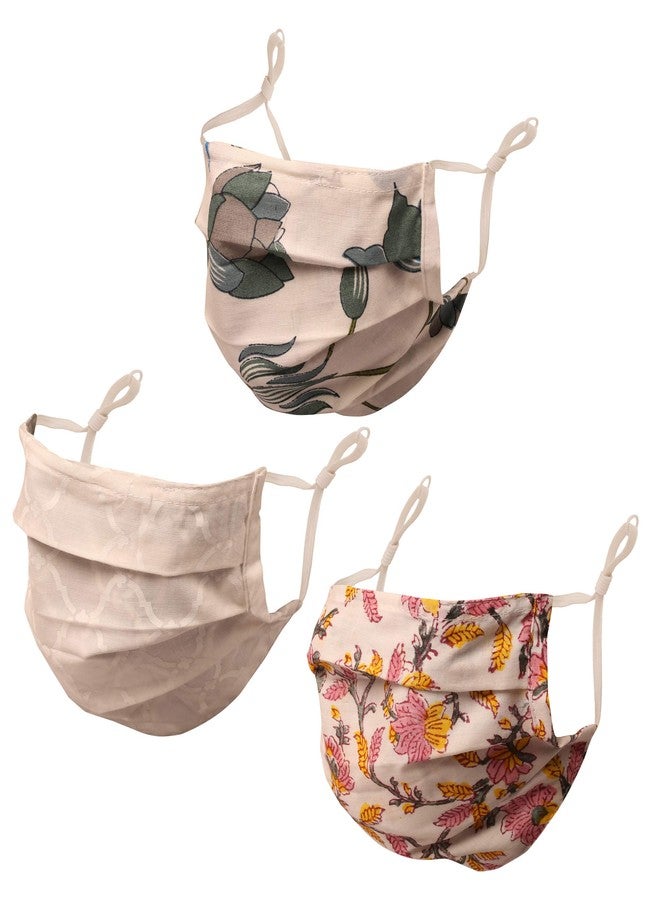 Touchstone Indian Heritage Fabric Adjustable filter pocket nose bridge 2 layer anti-pollution smog cold cough protective cotton face mask reusable washable for men, women (Pack of 3). Pink Blue White - Image 1