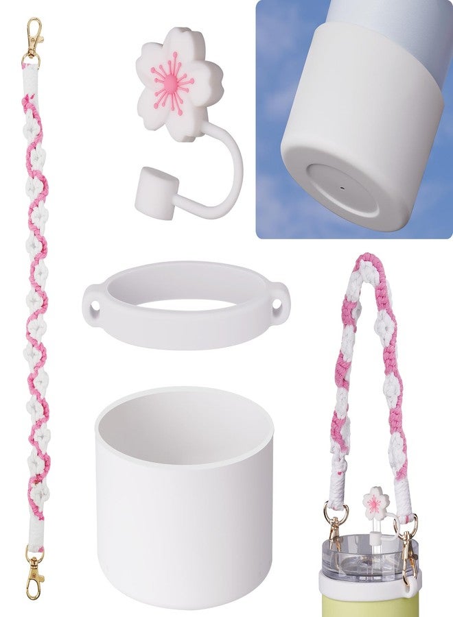 NiHome Accessory Kit for 14oz Stanley Tumbler, Includes Handwoven Handle Strap, Silicone Ring, Silicone Straw Cap and Silicone Boot for Everyday Use, Stylish Design with Enhanced Security (White) - Image 1