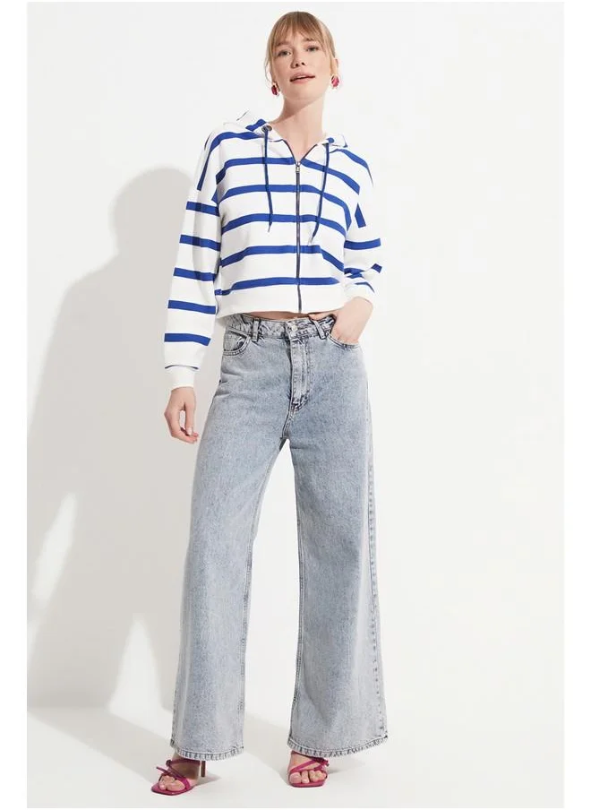 JUNE June Striped Hooded Sweatshirt Saxe