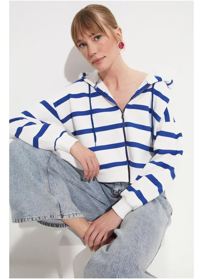 JUNE June Striped Hooded Sweatshirt Saxe