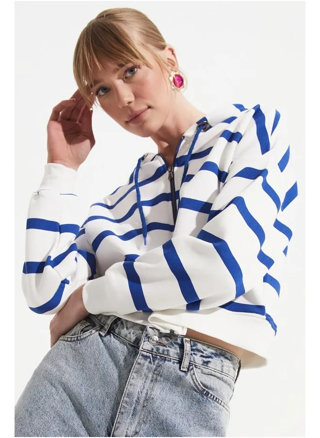 JUNE June Striped Hooded Sweatshirt Saxe