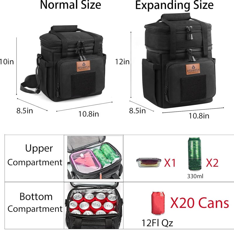 HSHRISH Tactical Lunch Box, Large Expandable Insulated Lunch Bag, Durable Waterproof Leakproof Cooler Bag for Adults/Men/Women/Work Outdoor Beach Trips, 20 Cans/15 L, Black, HSHRISH - Image 3