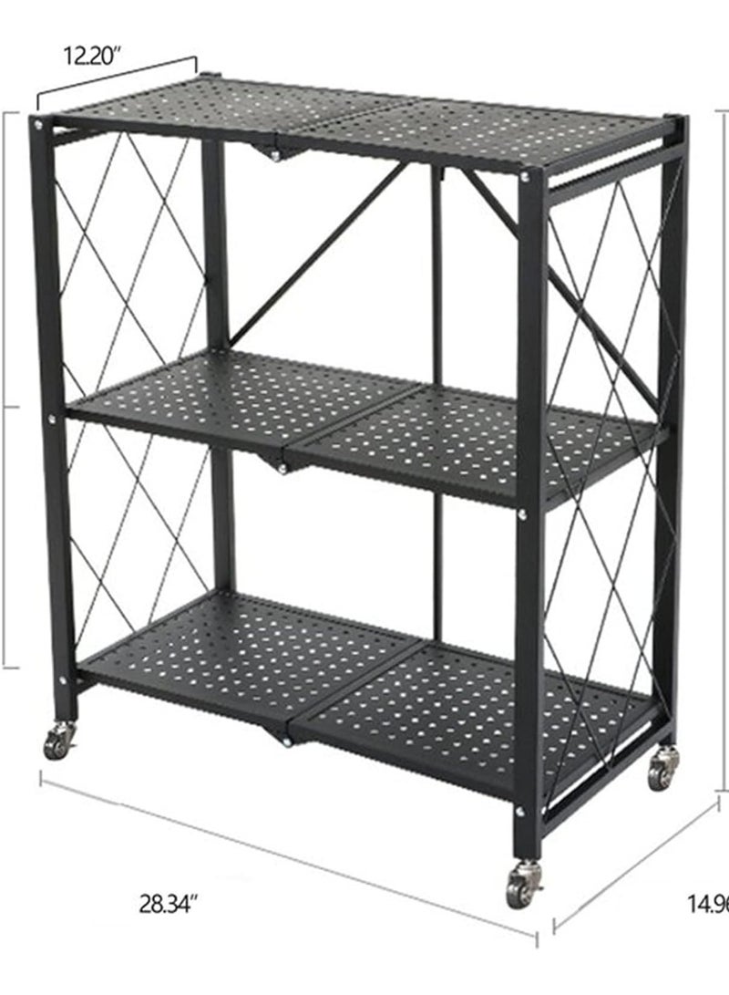 TOOLF 3-Tier Foldable Shelving Unit, Freestanding Metal Storage Shelf with MDF Tabletop, No Assembly Storage Shelves with Wheels for Garage Kitchen Bakers Closet Pantry, Heavy Duty Shelving - Image 1