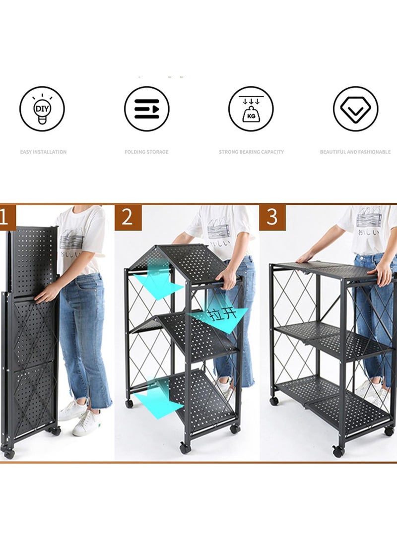 TOOLF 3-Tier Foldable Shelving Unit, Freestanding Metal Storage Shelf with MDF Tabletop, No Assembly Storage Shelves with Wheels for Garage Kitchen Bakers Closet Pantry, Heavy Duty Shelving - Image 2