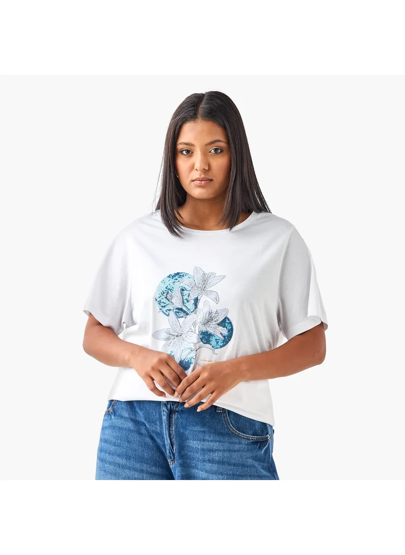 Ulla Popken Plus Size Ulla Popken Embellished Floral Print T-shirt