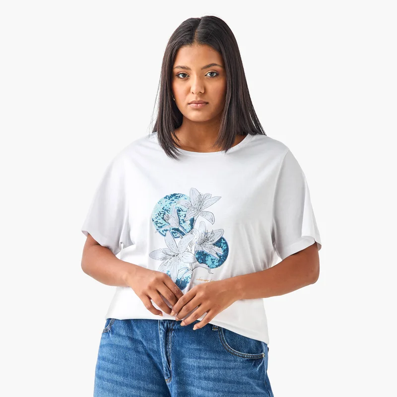 Ulla Popken Plus Size Ulla Popken Embellished Floral Print T-shirt