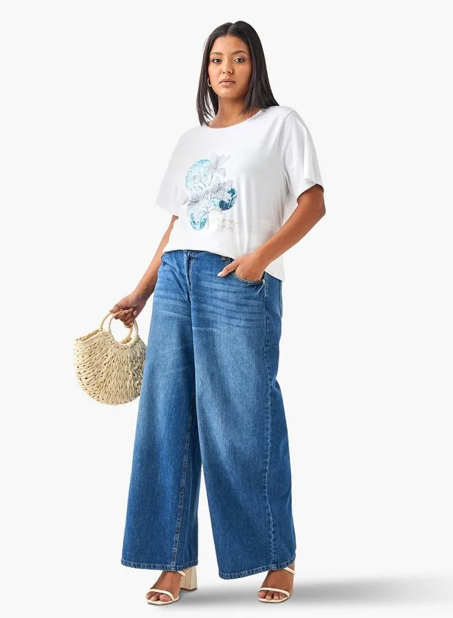 Ulla Popken Plus Size Ulla Popken Embellished Floral Print T-shirt