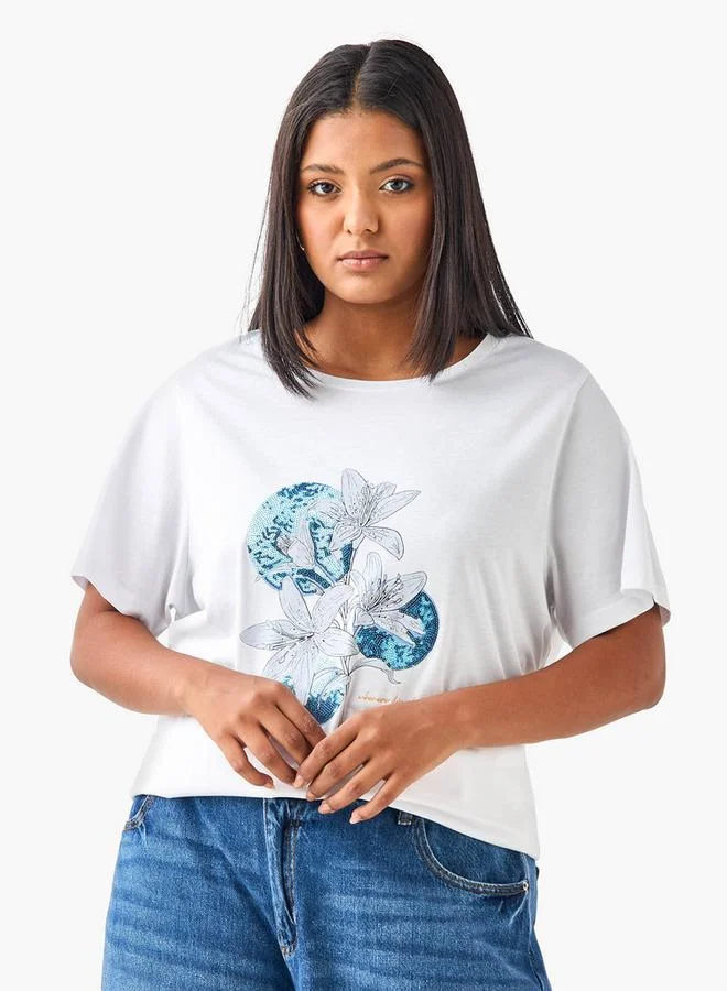 Ulla Popken Plus Size Ulla Popken Embellished Floral Print T-shirt