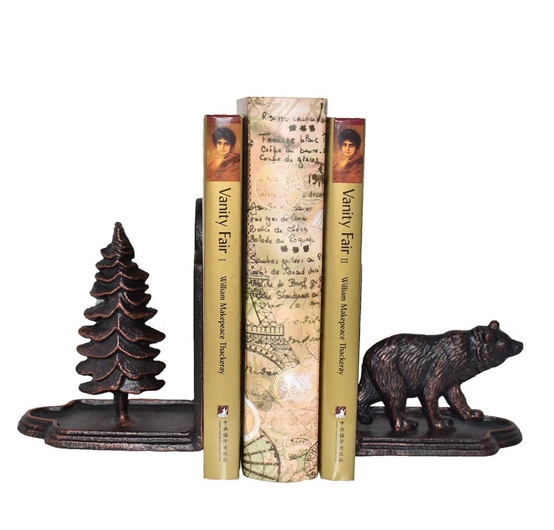 JUCONSIN Bear Bookends Decorative Heavy Duty Cast Iron Bookends for The Shelves Pine Tree and Bear Statue Book End Vintage Shelf Decor Antique Bronze