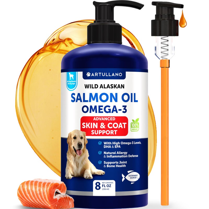 Artullano Salmon Oil for Dogs - Omega 3 for Dogs - 8 FL OZ Wild Alaskan Salmon Fish Oil - Natural EPA & DHA Fatty Acids for Skin & Coat, Allergy, Joint & Bone Health - Liquid Support Supplement for Shedding - Image 1