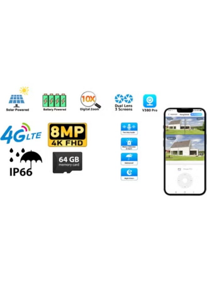 ELTRAZONE 8MP 4K Dual Lens Outdoor Security Camera – 360° Wireless PTZ IP Camera with 4G SIM Internet, Solar Powered, Night Vision, Human Detection, Two-Way Audio, 64GB SD Card, V380 Pro App Remote Control, Weatherproof Design for Home, Garden, Villa, Office, and Outdoor Surveillance in UAE - Image 3