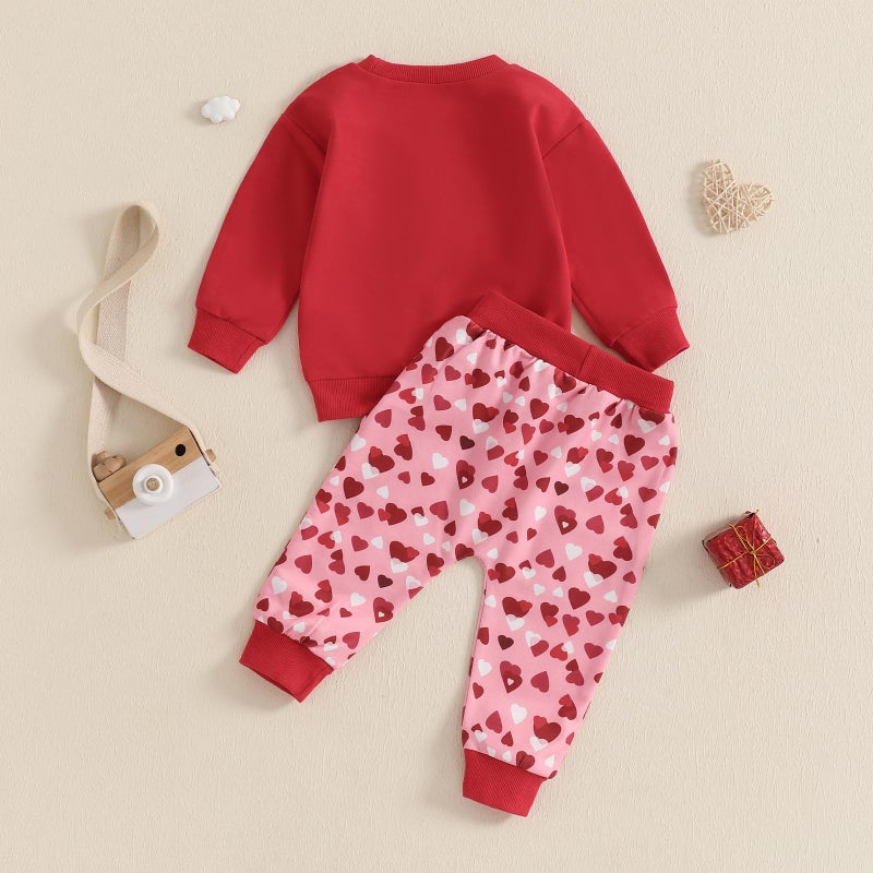 BeQeuewll Toddler Baby Girl Valentines Outfit Letter Print Long Sleeve Sweatshirt Heart Long Pants 2 Piece Set (Red, 3-4T) - Image 3