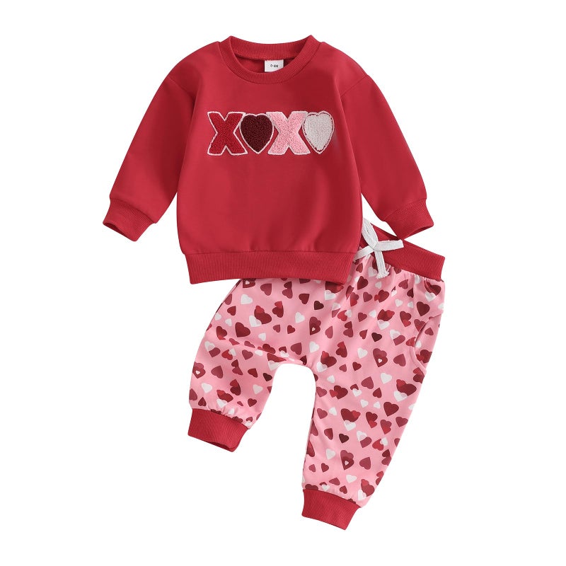 BeQeuewll Toddler Baby Girl Valentines Outfit Letter Print Long Sleeve Sweatshirt Heart Long Pants 2 Piece Set (Red, 3-4T) - Image 1