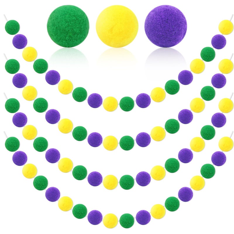 MARFOREVER 4 Pack 26.3 Feet Mardi Gras Decorations Mardi Gras Pom Pom Garland 30 Balls Yellow Green Purple Felt Garland Hanging Supplies for Mardi Gras Carnival Celebration Party Home Outdoor Decor - Image 1