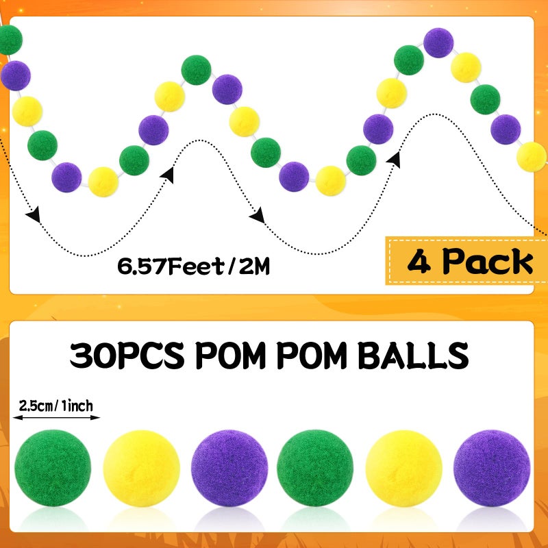 MARFOREVER 4 Pack 26.3 Feet Mardi Gras Decorations Mardi Gras Pom Pom Garland 30 Balls Yellow Green Purple Felt Garland Hanging Supplies for Mardi Gras Carnival Celebration Party Home Outdoor Decor - Image 2