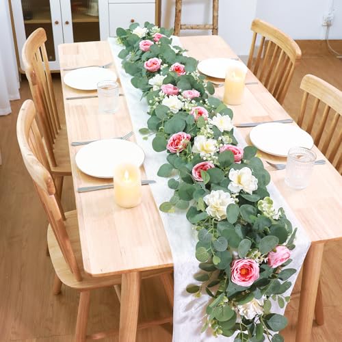 TOCHGREEN 2 Pack 13Ft Artificial Eucalyptus Flower Garland with Pink Roses White Flowers Fake Rose Flower Greenery Garland Floral Vines for Wedding Home Party Table Runner Decor White Pink 2PCS - Image 3