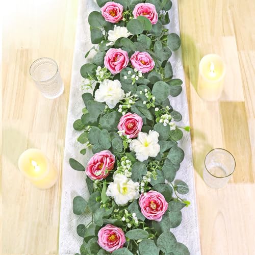 TOCHGREEN 2 Pack 13Ft Artificial Eucalyptus Flower Garland with Pink Roses White Flowers Fake Rose Flower Greenery Garland Floral Vines for Wedding Home Party Table Runner Decor White Pink 2PCS - Image 1