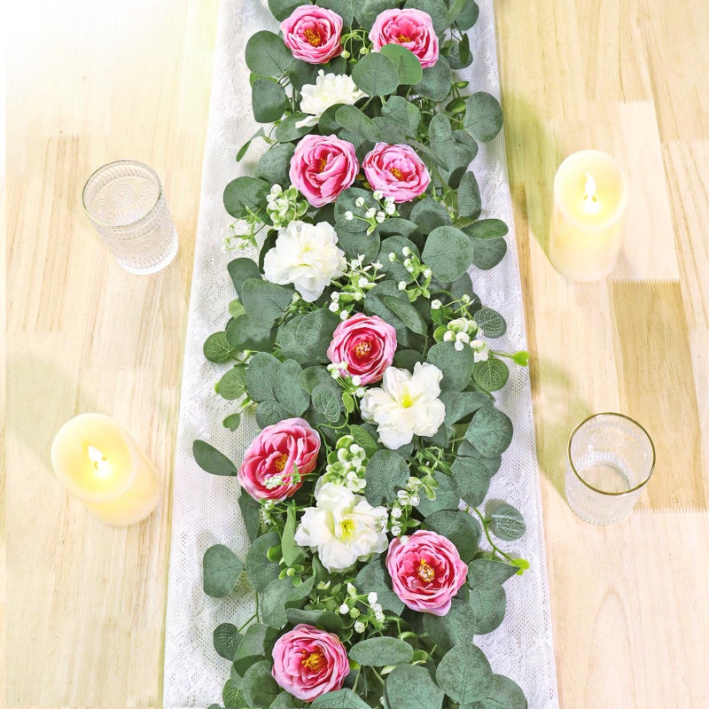 TOCHGREEN 2 Pack 13Ft Artificial Eucalyptus Flower Garland with Pink Roses White Flowers Fake Rose Flower Greenery Garland Floral Vines for Wedding Home Party Table Runner Decor White Pink 2PCS - Image 2