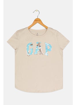 Kids Girl Brand Logo Short Sleeve T-Shirt, Dark Beige