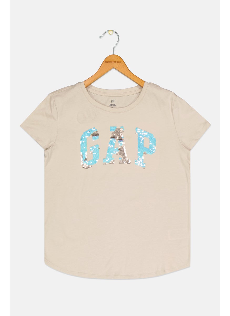 GAP - Kids Girl Brand Logo Short Sleeve T-Shirt, Dark Beige - Image 1