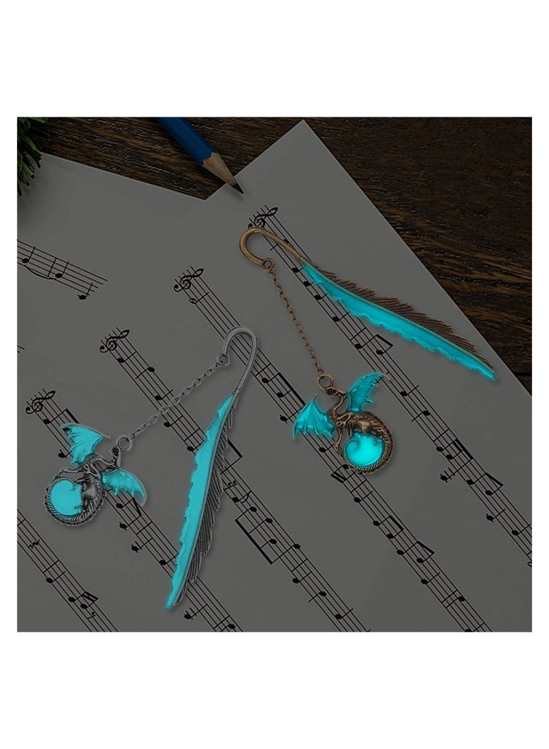Zikra 1 Pair of Metal Bookmarks, Glow in the Dark Retro Feather Dragon Luminous Hook Beautiful Fun Alloy Glow Marks Unique Cool Girls Mens Adult Children's Books Valentine's Gifts - Image 2