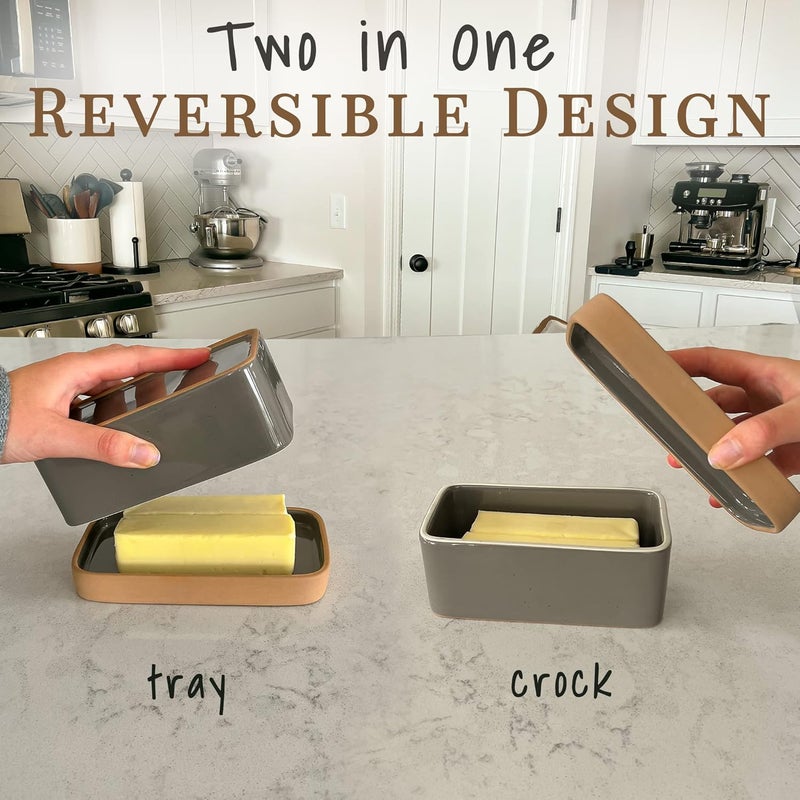 Mora طبق زبدة سيراميك 2 في 1 مع غطاء، وعاء زبدة مغطى لتركه على المنضدة - حافظة/حامل كبيرة للمطبخ، هدايا لها، صينية زبدة للمنضدة - حليب السمسم - Image 2