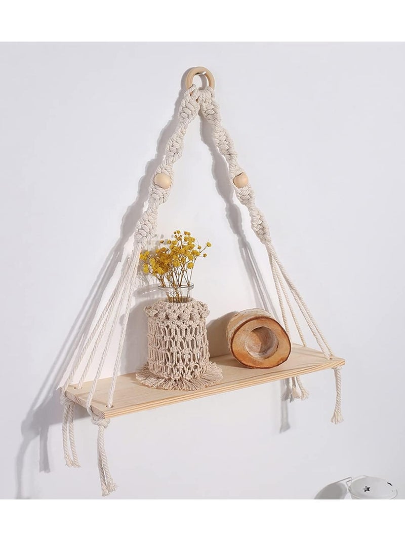 Excefore Macrame Hanging Shelves Boho Wall Decor, Macrame Wall Hanging Shelf - Boho Wood Wall Shelves with Wood Beads, Rustic Display Shelving for Bedroom Living Room Preppy Room Nursery Decor - Image 1