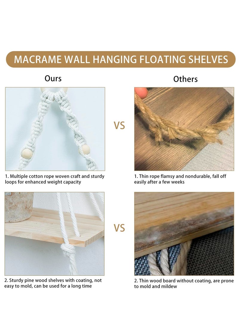 Excefore Macrame Hanging Shelves Boho Wall Decor, Macrame Wall Hanging Shelf - Boho Wood Wall Shelves with Wood Beads, Rustic Display Shelving for Bedroom Living Room Preppy Room Nursery Decor - Image 5