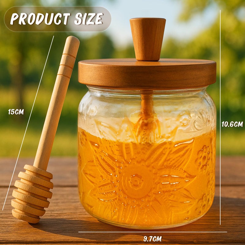 Loscarol Honey Jar with Dipper and Lid - Bohemian Vintage Glass Honey Pot with Wooden Honey Dippers Stick Set, Wide Mouth Honey Containers - Airtight Storage Syrup Dispenser Cute Decorative Jars - Image 2
