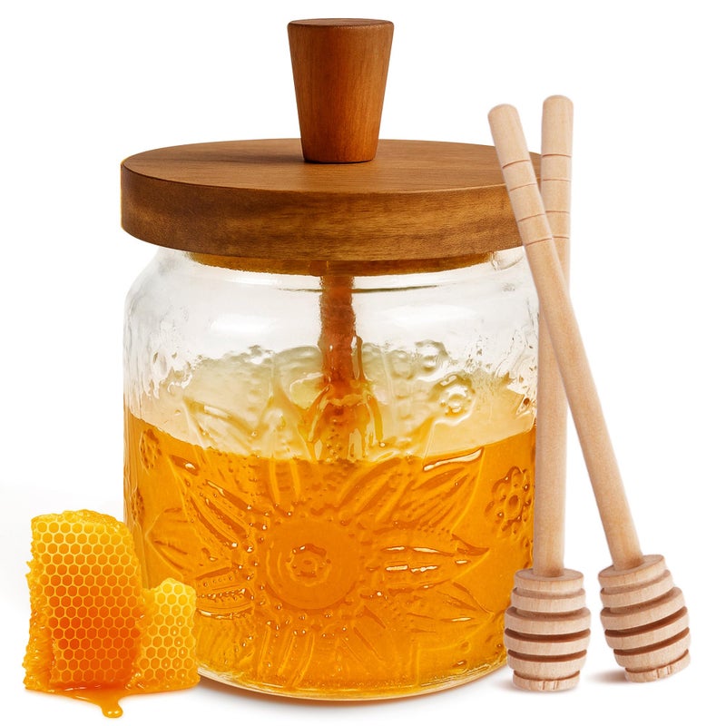 Loscarol Honey Jar with Dipper and Lid - Bohemian Vintage Glass Honey Pot with Wooden Honey Dippers Stick Set, Wide Mouth Honey Containers - Airtight Storage Syrup Dispenser Cute Decorative Jars - Image 1