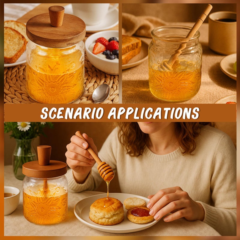 Loscarol Honey Jar with Dipper and Lid - Bohemian Vintage Glass Honey Pot with Wooden Honey Dippers Stick Set, Wide Mouth Honey Containers - Airtight Storage Syrup Dispenser Cute Decorative Jars - Image 5