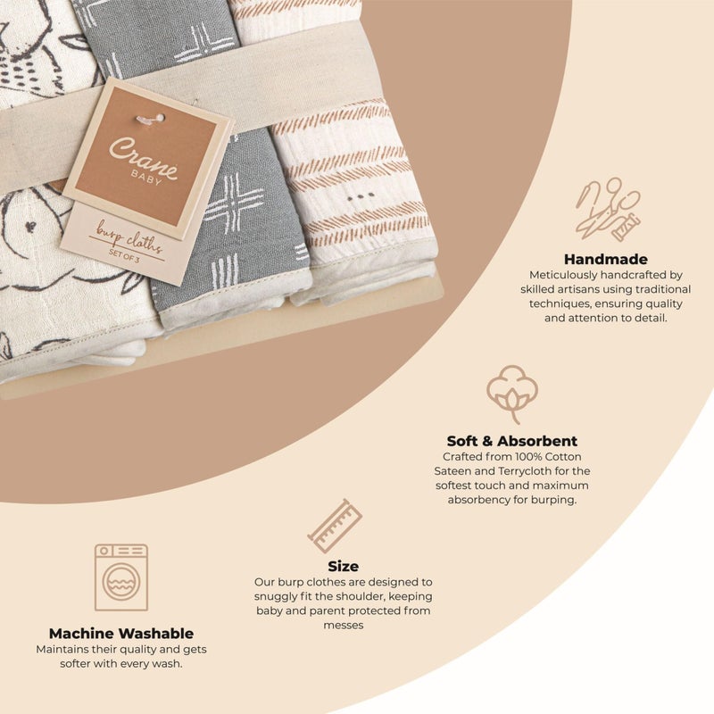 Crane Baby Muslin Burp Cloths Set, Woodland Animals, Gender Neutral Baby Gift, Absorbent Cotton Terry Backing, Machine Washable, 7" X 20" - Image 2
