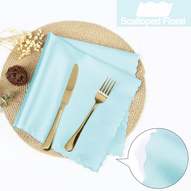 Homiest 24 Pack Baby Blue Satin Dinner Napkins  17x17 Inches Scalloped Square Silky Elegant Wedding Napkins for Restaurant Banquet Graduation Party - Image 3