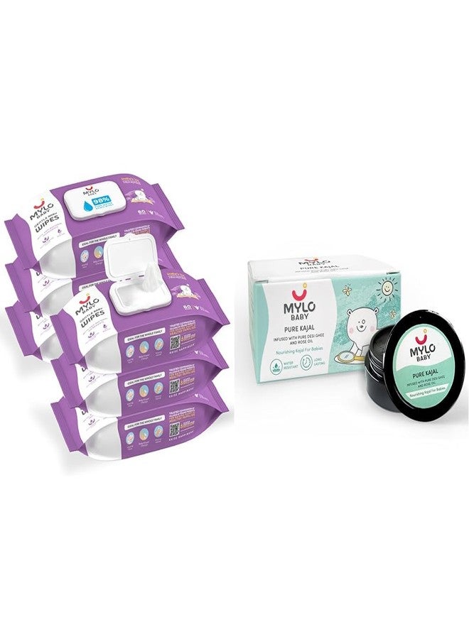 Mylo Baby Wipes With Lid Pack of 6 + Kajal 5g Combo | 98% Water Wipes with Aloe, Neem & Coconut | Talc-Free Baby Powder for Rash-Free Skin | Gentle, Safe & Multi
