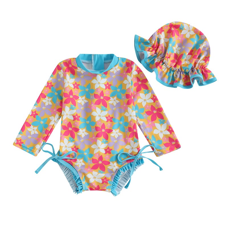 Baby Girl Swimsuit Baby Girls Long Sleeve One Piece Swimsuit Romper with Hat Bathing Suit Beach Rash Guard uhBlue 03 Months