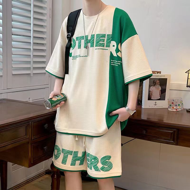 Short-sleeved T-shirt for male teenagers summer ins fashion brand waffle for students with a set of handsome leisure sports suit - Image 4