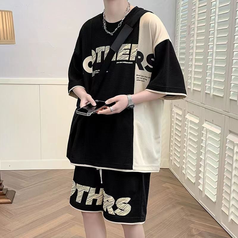 Short-sleeved T-shirt for male teenagers summer ins fashion brand waffle for students with a set of handsome leisure sports suit - Image 5