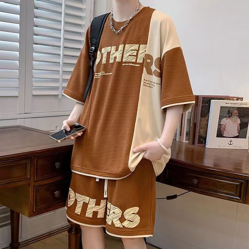 Short-sleeved T-shirt for male teenagers summer ins fashion brand waffle for students with a set of handsome leisure sports suit - Image 3