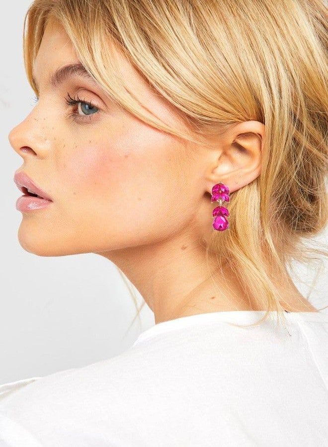 WanBigVa Hot Pink Rhinestone Teardrop Dangle Earrings Sparkle Crystal Bridal Earrings for Brides Bridesmaides Earrings for Women Wedding Pageant Prom - Image 3