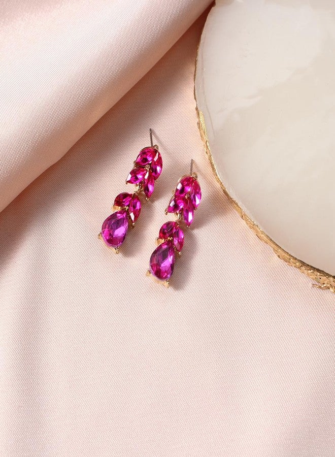 WanBigVa Hot Pink Rhinestone Teardrop Dangle Earrings Sparkle Crystal Bridal Earrings for Brides Bridesmaides Earrings for Women Wedding Pageant Prom - Image 4