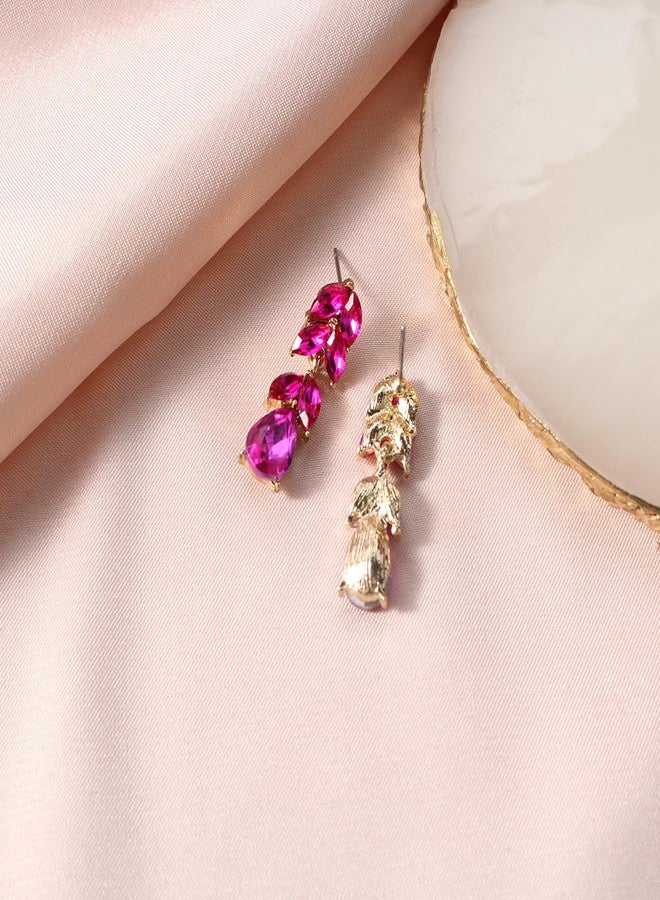 WanBigVa Hot Pink Rhinestone Teardrop Dangle Earrings Sparkle Crystal Bridal Earrings for Brides Bridesmaides Earrings for Women Wedding Pageant Prom - Image 5